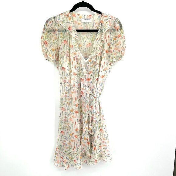 BAILEY 44 White Pink Floral Print Sheer Ruffle Wrap Dress With Slip Size Small - Picture 1 of 5